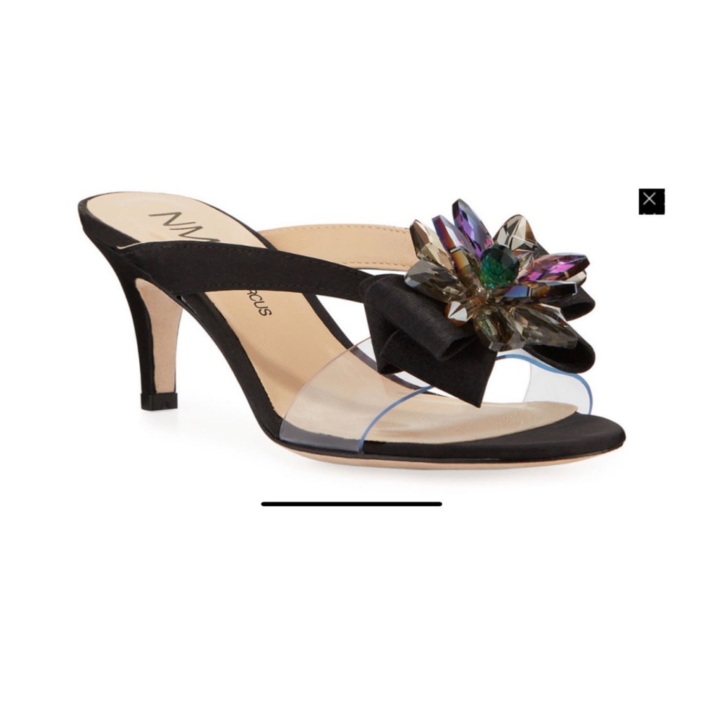 Neiman Marcus Jeweled Satin Kitten-Heel Slide Sandals